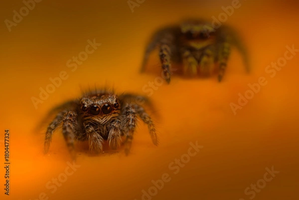 Fototapeta An aesthetically pleasing and impressive close-up photo of a spider. Spider species; Jumping spider. Natural background.