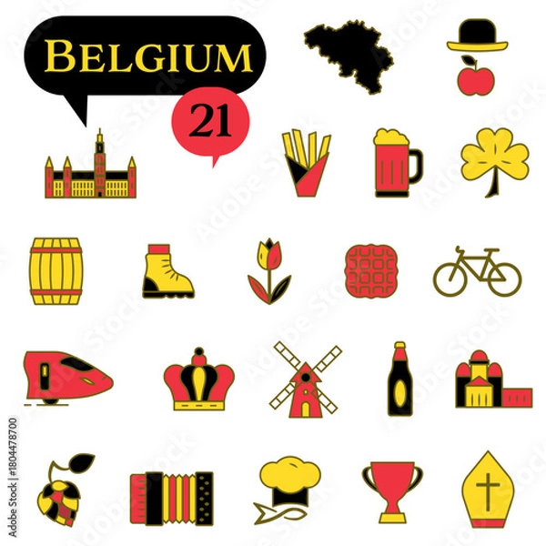 Fototapeta A set of icons in the national colors of Belgium, such as black, red, and yellow.
