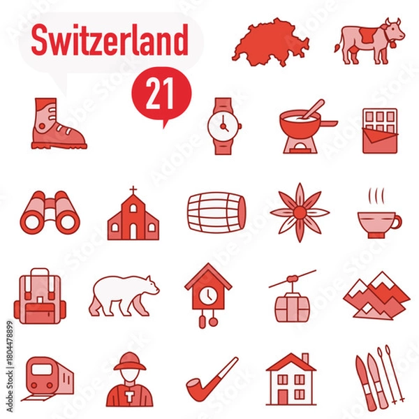 Fototapeta A set of red and white icons dedicated to life in Switzerland.