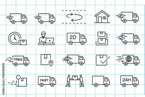 Fototapeta Hand drawn delivery truck and logistics icons on grid paper