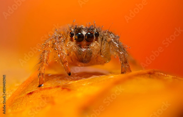 Fototapeta An aesthetically pleasing and impressive close-up photo of a spider. Spider species; Jumping spider. Natural background.