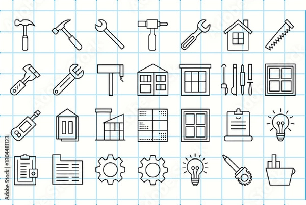 Obraz Collection of hand drawn construction and building icons on grid paper
