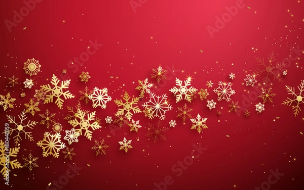 Fototapeta Wesołych Świąt i Szczęśliwego Nowego Roku. Streszczenie złote płatki śniegu na czerwonym tle