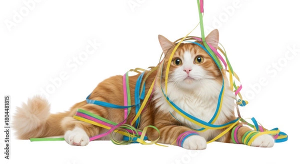 Fototapeta Ginger cat tangled in colorful streamers lying down isolated PNG with Transparent Background