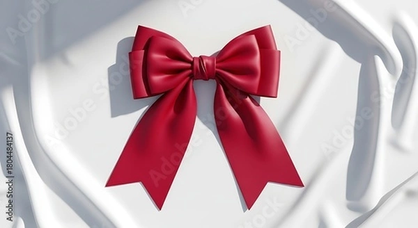 Fototapeta A beautiful deep red satin ribbon bow with flowing tails, casting soft shadows on a textured white surface