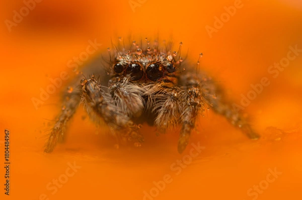 Fototapeta An aesthetically pleasing and impressive close-up photo of a spider. Spider species; Jumping spider. Natural background.