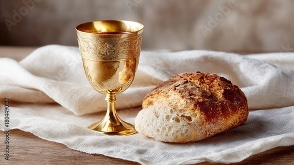 Fototapeta Holy communion bread slices a golden chalice with wine a white sacraments representing cloth, linen religious