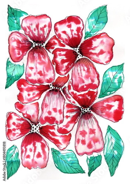 Obraz A stylized bouquet of flowers, created using a mixed technique that combines watercolor blending and fine graphic rendering. 