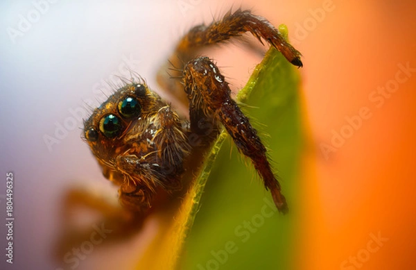 Fototapeta An aesthetically pleasing and impressive close-up photo of a spider. Spider species; Jumping spider. Natural background.