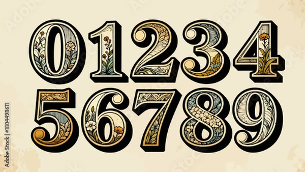 Obraz Creative art number "0-9", graphic font design, hand-drawn vector illustration