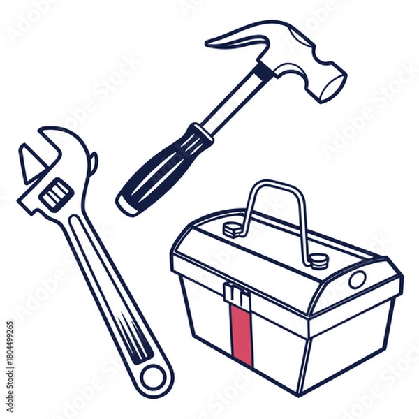 Fototapeta Hand tools set isolated on collection of repair and construction equipment vector illustration of hammer, wrench, and toolbox in doodle style for home improvement and maintenance
