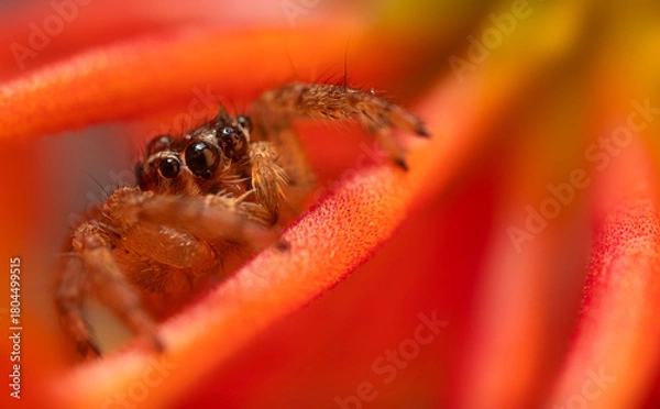 Fototapeta An aesthetically pleasing and impressive close-up photo of a spider. Spider species; Jumping spider. Natural background.