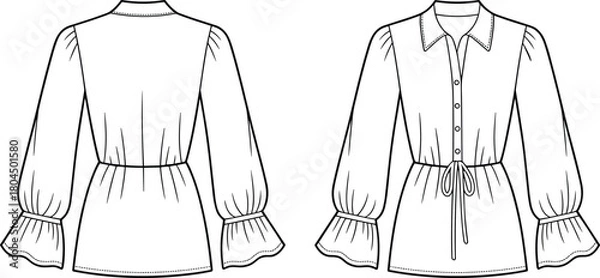 Fototapeta Women’s blouse technical flat sketch, vector fashion drawing with collar, button front, long sleeve, ruffle cuff, adjustable waist design
