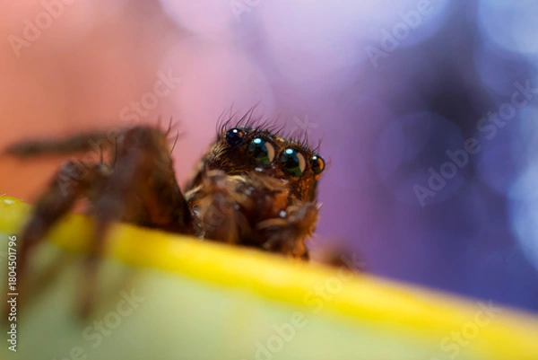 Fototapeta An aesthetically pleasing and impressive close-up photo of a spider. Spider species; Jumping spider. Natural background.