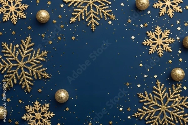 Obraz Elegant golden Christmas background with winter snow pattern and decorative holiday snowflakes