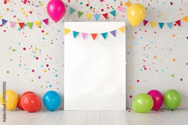Obraz Happy birthday card with colorful balloons and festive decorations