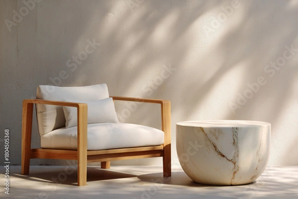Obraz Modern wooden armchair with white cushions beside a round marble table in soft natural light