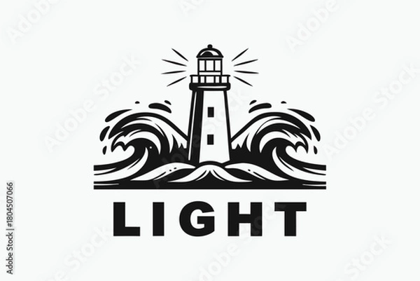 Obraz The monochrome lighthouse stands tall against crashing waves with light rays above it