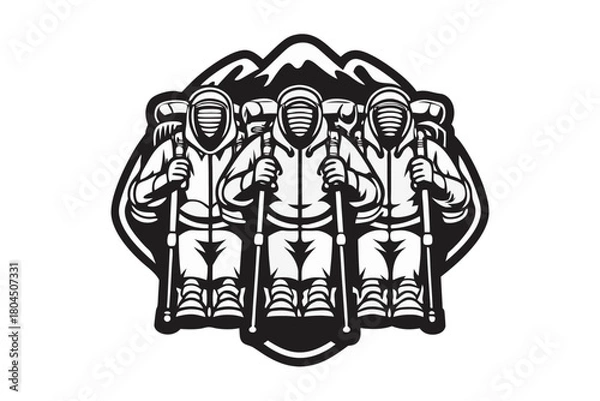 Obraz Three adventurous hikers trekking uphill against the backdrop of striking mountain peaks is showcased