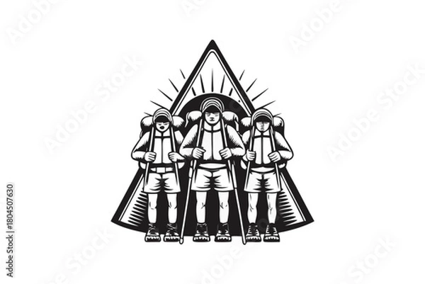 Obraz Three Asian hikers stand against a backdrop of mountain peaks in black and white