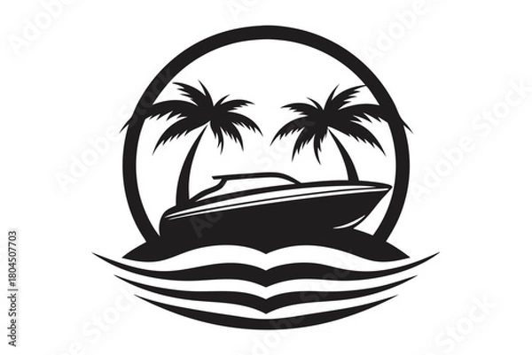 Obraz The silhouette depicts two palm trees, boat, and water waves forming a summer vacation icon