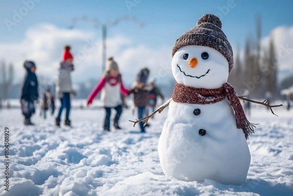 Fototapeta snowman in snowy field