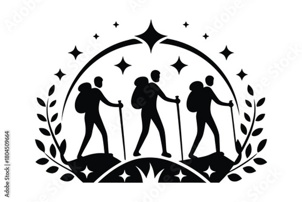 Obraz Three backpacker figures traverse rocky terrain with trekking poles amid stars and foliate, a black silhouette