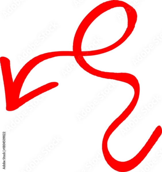 Fototapeta Bold red arrow design element pointing downwards and curving elegantly, perfect for highlighting, Calligraphic arrow