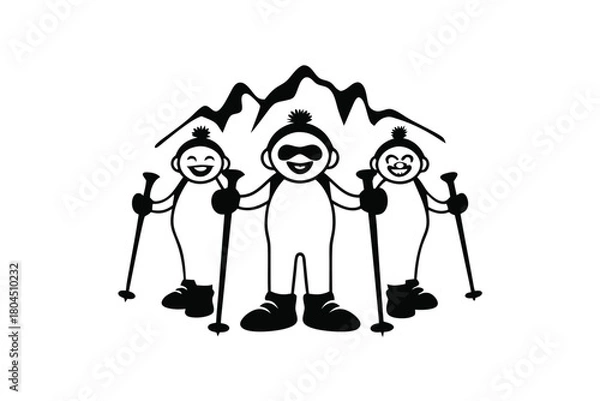 Obraz Three cartoon skiers enjoy a mountain outing, holding ski poles, showing happiness