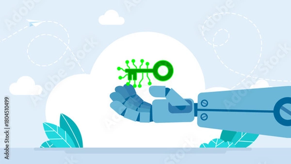 Obraz Robot hand with futuristic key. Humanoid robot hand with key to binary code lock, artificial intelligence, assistant, data security, protection. Concept of machine learning. Vector illustration