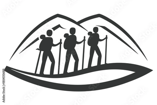 Obraz Three hikers are silhouetted against mountains, with backpacks and hiking poles in black and white