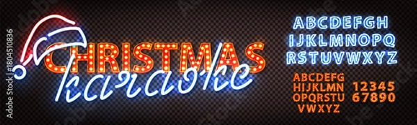 Obraz Vector neon sign of Christmas Karaoke with neon alphabet font isolated on transparent background.