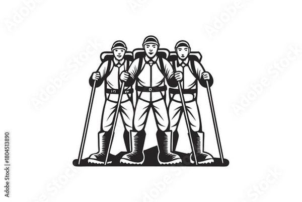 Obraz Three monochrome hikers ascend together wearing hats and carrying trekking poles and backpacks in formation