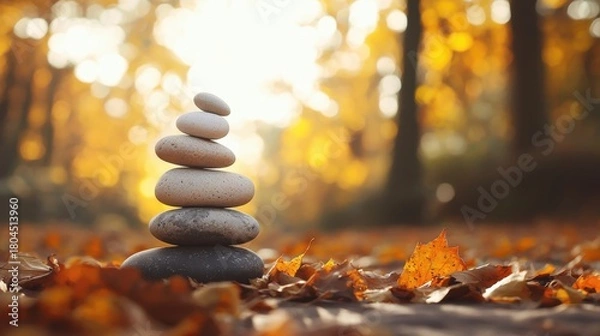 Fototapeta Stacked stones balanced on ground among autumn leaves. Zen balance and harmony in nature. Perfect for concepts of mindfulness, stability or meditation.
