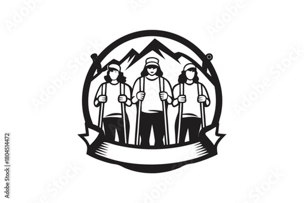 Obraz Three people are ready to climb the mountain with the help of their sticks