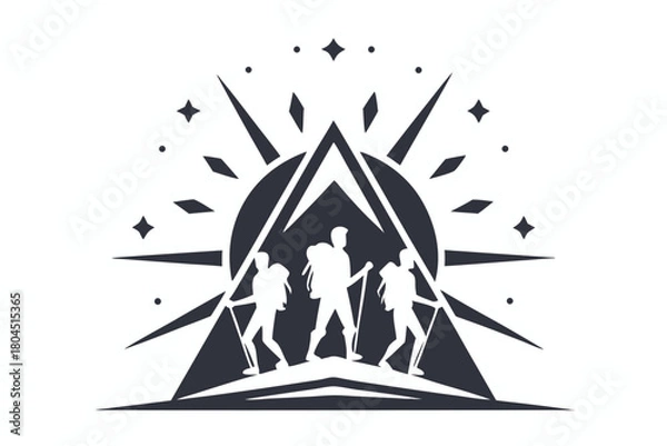 Obraz Three silhouetted hikers ascend mountain peaks under a burst of stars and sunrays