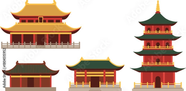 Obraz Collection of traditional east asian architectural buildings and pagodas in a flat design style