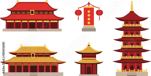 Obraz Collection of traditional chinese architecture pagodas temples and lanterns in red and gold