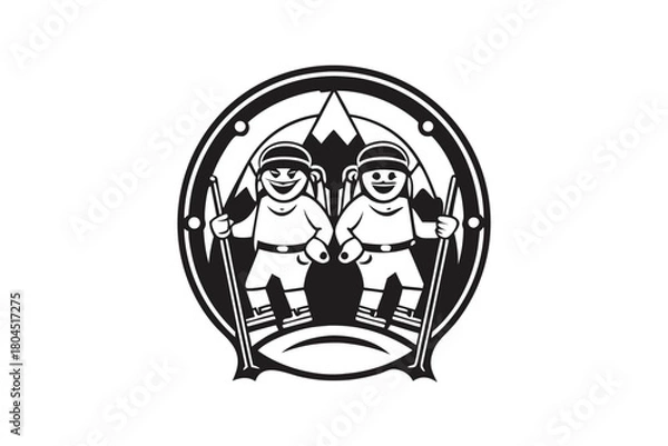Obraz Two happy skiers smile broadly within an oval emblem featuring mountain scenery and poles