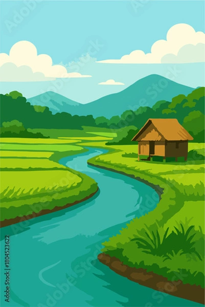 Obraz river view with rice fields and huts