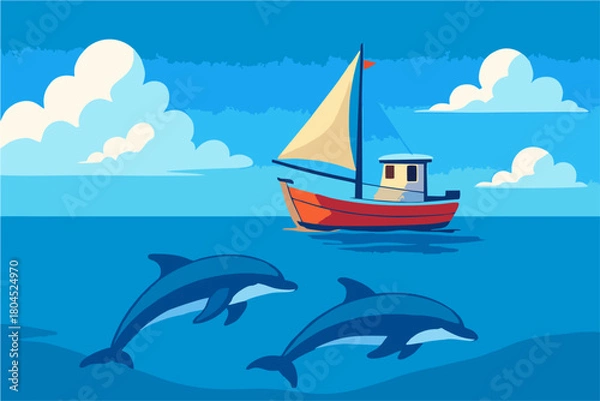 Obraz sea ​​vector with fish and ship view