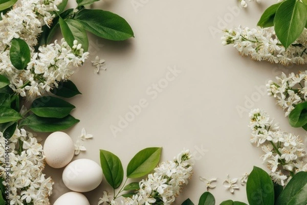 Obraz Delicate white flowers, lush green leaves and smooth eggs frame a neutral beige background