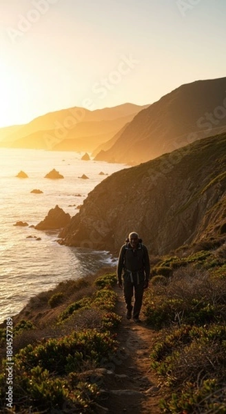 Fototapeta Hiker walking along the big sur coastline trail at sunset with beautiful scenery