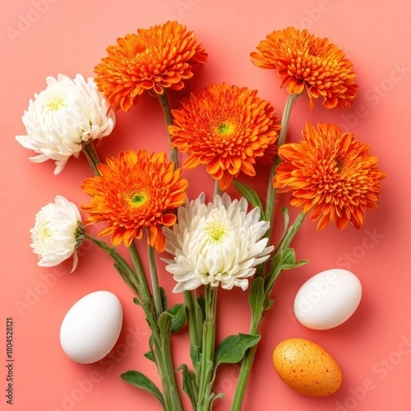 Obraz A vibrant floral arrangement of orange and white flowers alongside white and speckled eggs