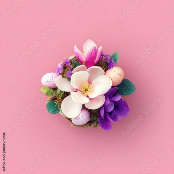 Obraz A top-down view of an Easter nest arrangement with flowers and pastel-colored eggs