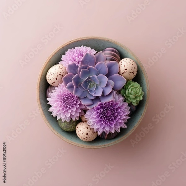 Obraz Overhead view of a teal bowl overflowing with purple flowers, succulents and speckled eggs