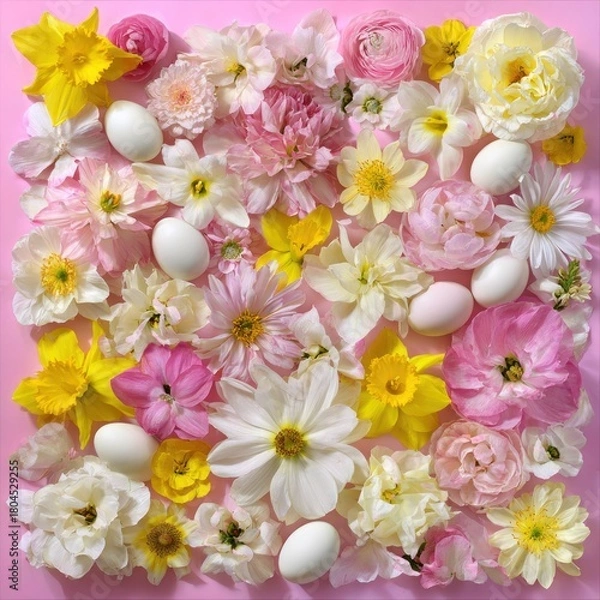 Obraz Pastel floral arrangement with white eggs on pink. Beautiful, spring holiday theme