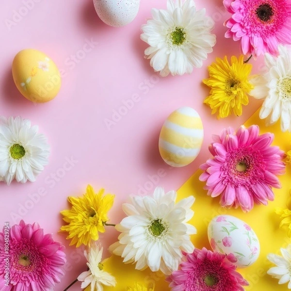 Obraz Easter-themed flat lay, eggs with floral accents on pink and yellow backgrounds