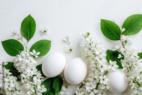 Obraz White eggs nestle among spring blossoms and green leaves on a clean white backdrop