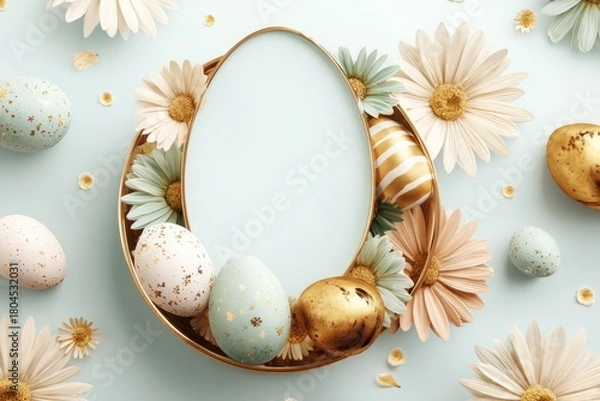 Obraz Pastel Easter composition with an egg-shaped gold frame, eggs, and daisies